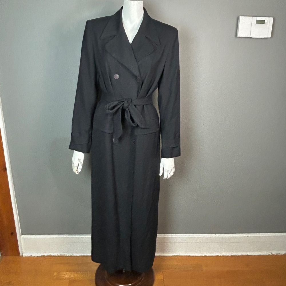 VTG 90s Long Trench Coat Size 4 Wool August Silk Black Double Breasted Chic